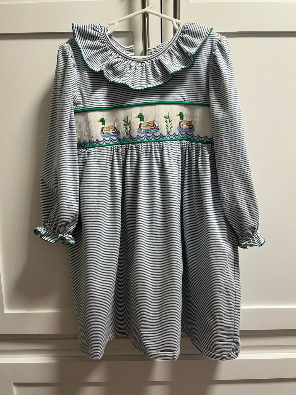 Shrimp & Grits Striped Smocked Mallard Duck Dress with Green Trim